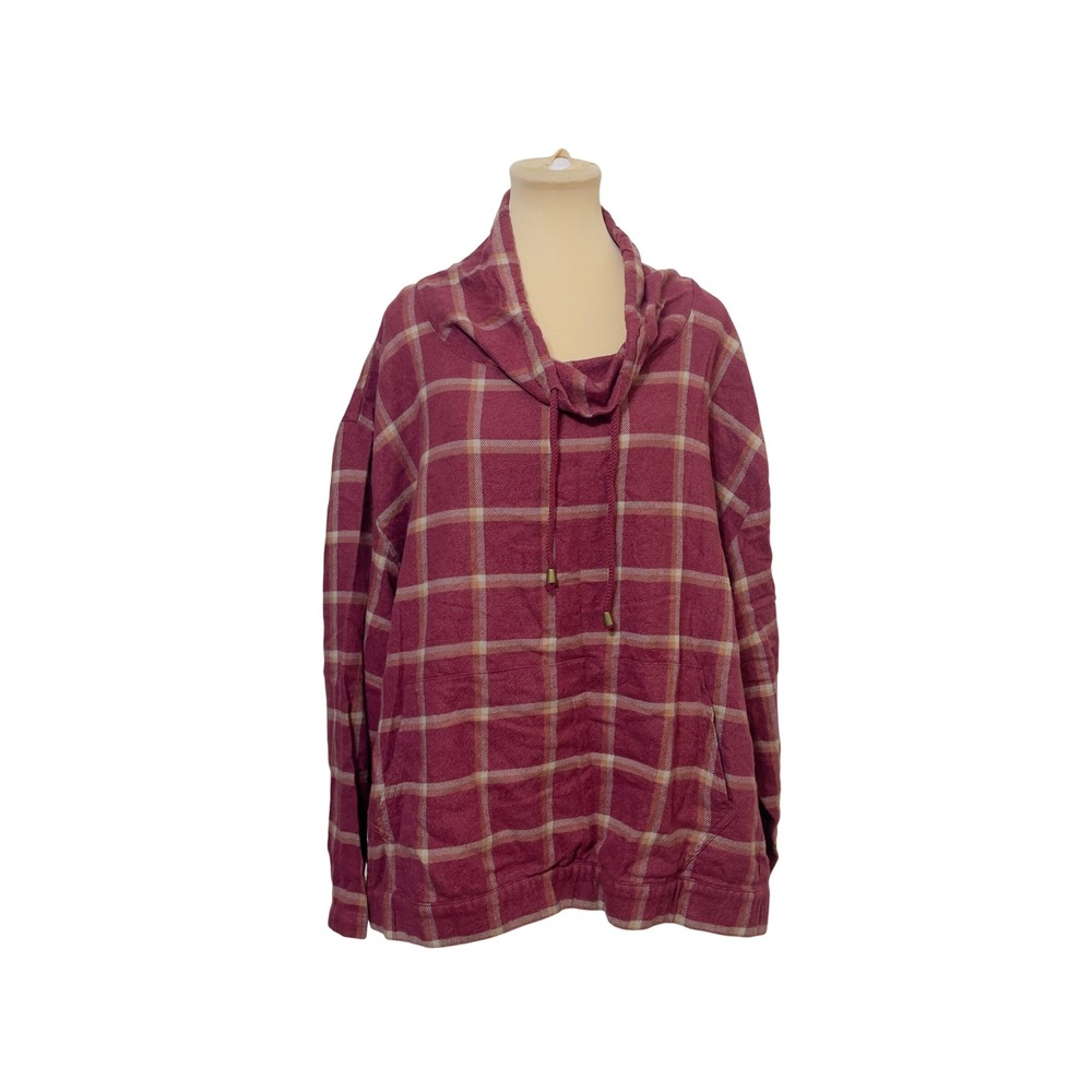 Natural Reflections Womens Plaid Cowl Neck Pullover 2X Burgundy Tan Flannel Top
